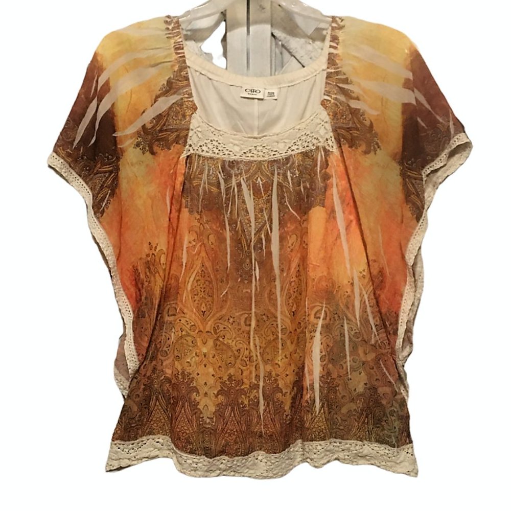 CATO Woman Top BOHO Hippie Square Neck Butterfly Sleeves Crochet Trim Si…